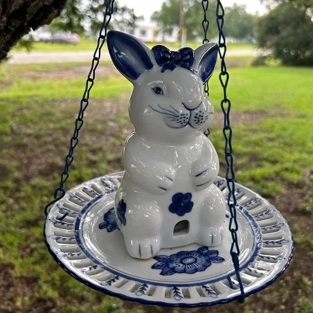Rare and Unique Blue & White Porcelain Bunny Rabbit Bird Feeder